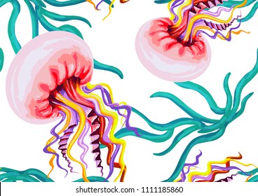 fashionable marine seamless pattern with medusa for clothes, textiles, vector