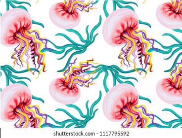 fashionable marine seamless pattern with medusa for clothes, textiles, vector