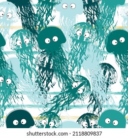 fashionable marine seamless pattern with medusa for clothes, textiles, vector  Marine ocean animals pattern. Fish, narwhal, jellyfish pattern.