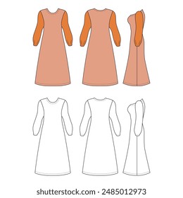 Fashionable maxi front, back, side view template dress or nightgown, colored vector illustration isolated on background