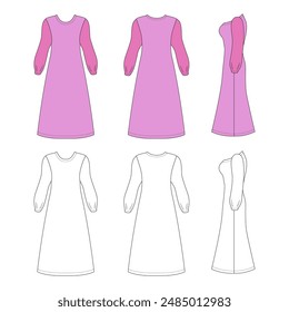 Fashionable maxi front, back, side view template dress or nightgown, colored vector illustration isolated on background