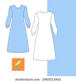 Fashionable maxi front, back, side view parrot template dress or nightgown, colored vector illustration isolated on background