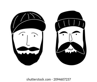 Fashionable men with beards in headdresses. Hipster. Set of barber shop icons and haircut and mens fashion logo. Vector illustration.