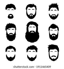 Peluquería de moda para hombres, barba, cara, pelo, máscaras para cortar, una colección de íconos planos.