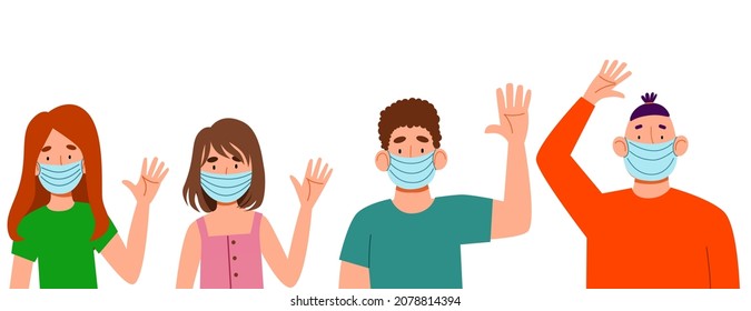 Fashionable men and women in medical masks say hello.