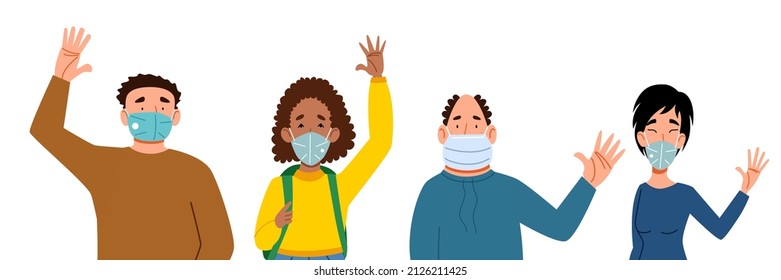 Fashionable men and women in medical masks say hello.