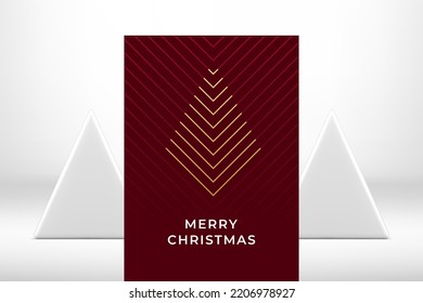 Fashionable Merry Christmas greeting card burgundy decorative design geometric stripes vector illustration. Happy New Year premium golden lines poster with place for text Xmas congratulations ornate
