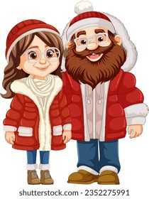 A fashionable middle-age couple wearing glasses, beanie hat, and Parka fur jacket for the cold winter