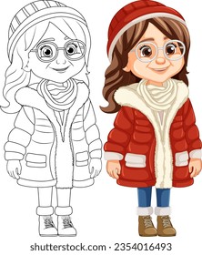 A fashionable middle-age woman wearing glasses, a beanie hat, and a Parka fur jacket in a vector cartoon illustration style