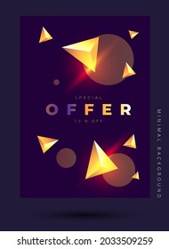 Fashionable minimal Trendy vector template with bright golden polygons and circles and lettering special offer on the black background
