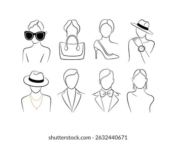 Fashionable minimalist line art portraits accessories