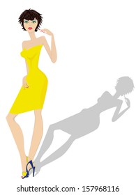 Fashionable model representing new clothes, hand drawing vector illustration isolated on white background