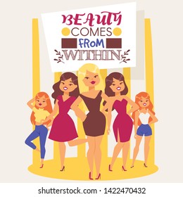 Fashionable models. Cute young girls vector illustration. Attractive women in dresses, jeans and T-shirts. Beauty comes from within. Background banner, flyer, brochure, poster for beauty school.