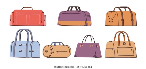 Fashionable modern bags for traveling. Vector isolated sacks with leather handles and zippers. Passenger personal belongings, tourism and adventure accessories, trips and voyage essentials