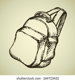 Fashionable modern big heavy haversack with pocket filled with student supply for study. Vector monochrome freehand ink drawn background sketchy in art scribble style pen on paper with space for text
