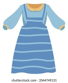 Fashionable and modern clothes for children, modern dress with stripes print. Isolated model for girls, costume with sleeve for child. Apparel and stylish outfit, cool look. Vector in flat style