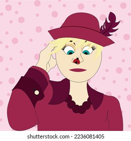 A fashionable modern girl in a hat with a feather and a ladybug on her nose. Viva magenta style european woman. Pop art portreit.  