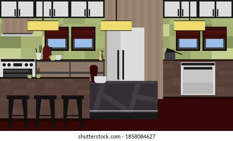 Fashionable modern kitchen in Asian style. Interior design concept for luxury apartment. Background for game, banner, poster, flyer, desktop. Detailed flat illustration for furniture salon advertising