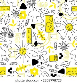 Moda moderna de moda con formas abstractas y figuras en un fondo blanco. Ornamento para textiles, embalaje, papel. Fondo vectorial infinito. Patrón de repetición sin problemas. Doodles, arte lineal.