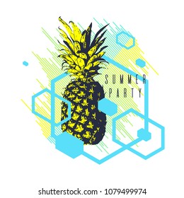 Fashionable modern poster with pineapple, summer holiday. Vector illustration.