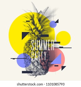 Afiche moderno de moda con piña, fiesta de verano. Ilustración vectorial.