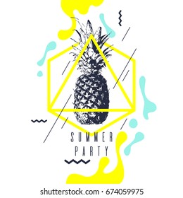 Fashionable Modern Poster With Pineapple, Summer Party. Vector Illustration. Memphis Style Banner