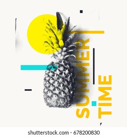 Fashionable modern poster with pineapple, Summer time. Vector illustration. Tropical fruit on white background