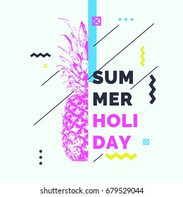 Fashionable Modern Poster With Pineapple, Summer Holiday. Vector Illustration. Memphis Style Banner