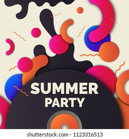 Fashionable modern poster with vinyl, summer party. Vector illustration. Abstract geometric background with geometric figures.