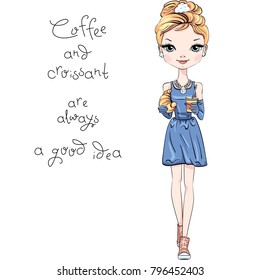 Fashionable modern smartly dressed girl with coffee and croissant. Caption - Coffee and croissant is always a good idea