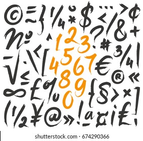 Fashionable modern vector font on white background. Numbers, punctuation, symbols. Lettering, typography, calligraphy. English alphabet. Elements for design.