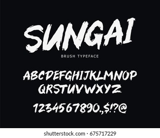Fashionable modern vector font on black background. Uppercase letters, numbers and symbols. Lettering, typography, calligraphy. English alphabet. Elements for design.