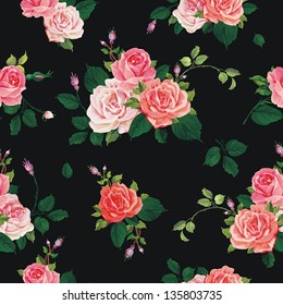 Fashionable modern wallpaper or textile with of collection red roses isolated on black design background, vector illustration