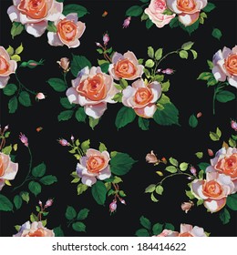 Fashionable modern wallpaper or textile with of collection red roses isolated on black design background, vector illustration