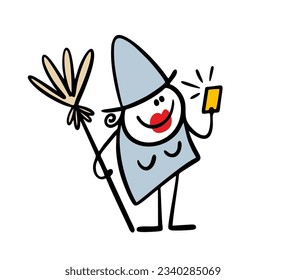 Fashionable, modern witch with a broom and makeup takes a selfie on a smartphone. Vector illustration of a Halloween party and a female stickman.Creative doodle character isolated on white background.