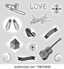 Fashionable monochrome patches with isolated elements on a light background. Set of stickers, pins, patches in cartoon comic style.