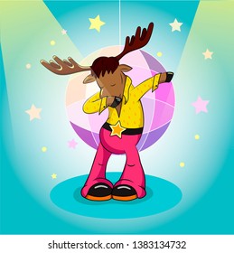 Fashionable moose dude dancing in a disco style. Colorful illustration of a cartoon character. Dub movement