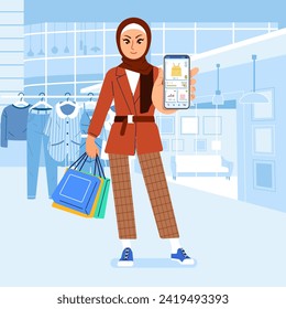 Fashionable muslim Hijab Woman girl female at mall show Online mobile app on phone shopping clothing store shop 