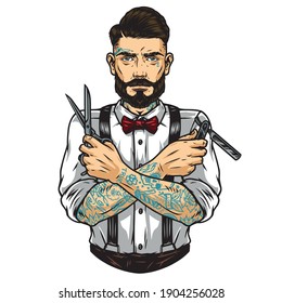 Fashionable mustached and bearded barber with tattoos and trendy hairstyle holding scissors and straight razor isolated vector illustration