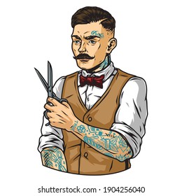 Fashionable mustached tattooed barber with scissors in vintage style isolated vector illustration