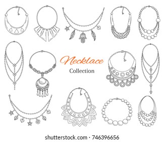 Colección de collares de moda, ilustración de doodle dibujada a mano vectorial, aislada en fondo blanco.