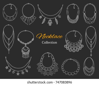 Fashionable necklaces collection, vector hand drawn doodle illustration, isolated on chalkboard background.