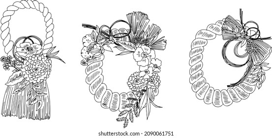 Fashionable New Year's decoration with black and white hand-drawn line drawings