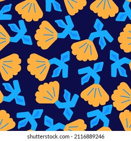 Fashionable orange flowers on a dark background. Pattern for textiles, fabric, wrapping paper, background, wallpaper.