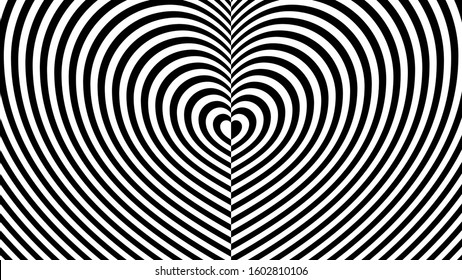 Fashionable ornament with the effect of optical illusion. Striped pattern in the form of an endless heart on two sides from repeating black lines. Flat minimalism.