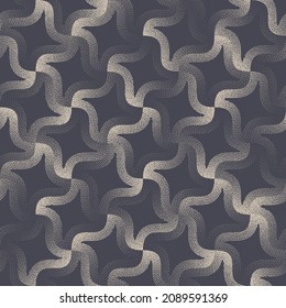 Fashionable Ornamental Seamless Pattern Vector Whirl Four Pointed Star Retro Abstract Background. Geometrical Curved Lines Lattice Structure Dotted Texture. Repetitive Modern Ornament Art Illustration