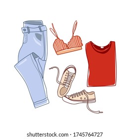 Fashionable outfit on an isolated background. Top, jeans, sneakers, t-shirt. Vector illustration, fashion and style. Sketch. Women's fashion look. Flat vector illustration.