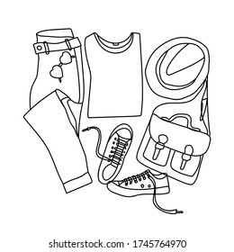 Fashionable outfit on an isolated background. Top, jeans, sneakers, t-shirt, bag, glasses. Vector illustration, fashion and style. Sketch. Women's fashion look. Doodle style. Vector.