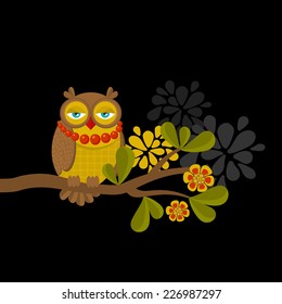 Fashionable owl on the  branch. Spring concept illustration. Vector background with bird with her accessories.