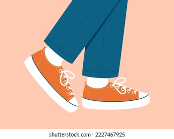 Fashionable pair of sports shoes. Female male legs in sneakers. Canvas shoes walking boots. Casual comfortable clothes and shoes. Flat stock vector illustration on colored background